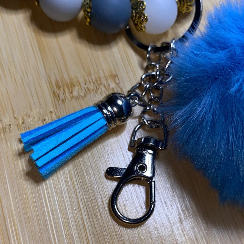 Blue Pom-Pom Bracelet Keychain with Tassel